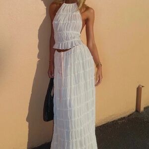 Viral Beige Halter Neck Tie Ruched Backless Ruffle Skirt Set